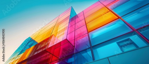 architecture of modern contemporary building decorated by multicolor light against blue sky background. exterior modern building design concept.