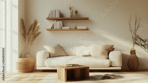 Minimalist home decor in a living room with a white sofa,