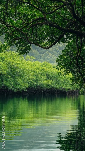 A tranquil view of Mayotte's mangrove forests reflecting lush greenery in calm river waters