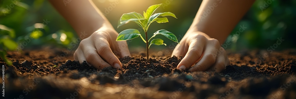 Fototapeta premium Hands of a person planting a small green seedling in fertile soil outdoors,representing new life,growth,sustainability.