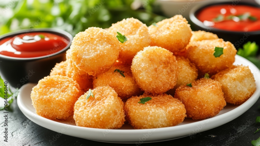 Crispy Fried Potato Bites with Ketchup Dip Appetizer Food Photography Crispy Fried Potato Bites with Ketchup Dip Appetizer Food Photography