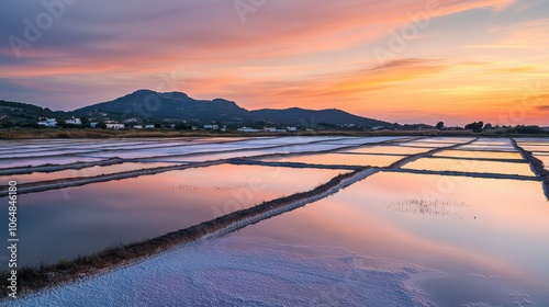 A tranquil sunset over the salt flats of Ses Salines in Ibiza reflecting vibrant colors for a peaceful landscape view photo