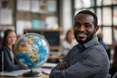 Portrait of a business team working together at an office table with a globe and world map in the background, Generative AI photo