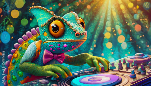 OIL PAINTING STYLE CARTOON CHARACTER cute chameleon DJ doing record Scratching in nightclub