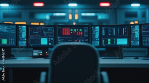 Sophisticated Control Room Interior with Multiple Monitors Displaying Detailed Fuel Processing Data and Analytics Showcasing Advanced Modern Industrial Technology and Automation