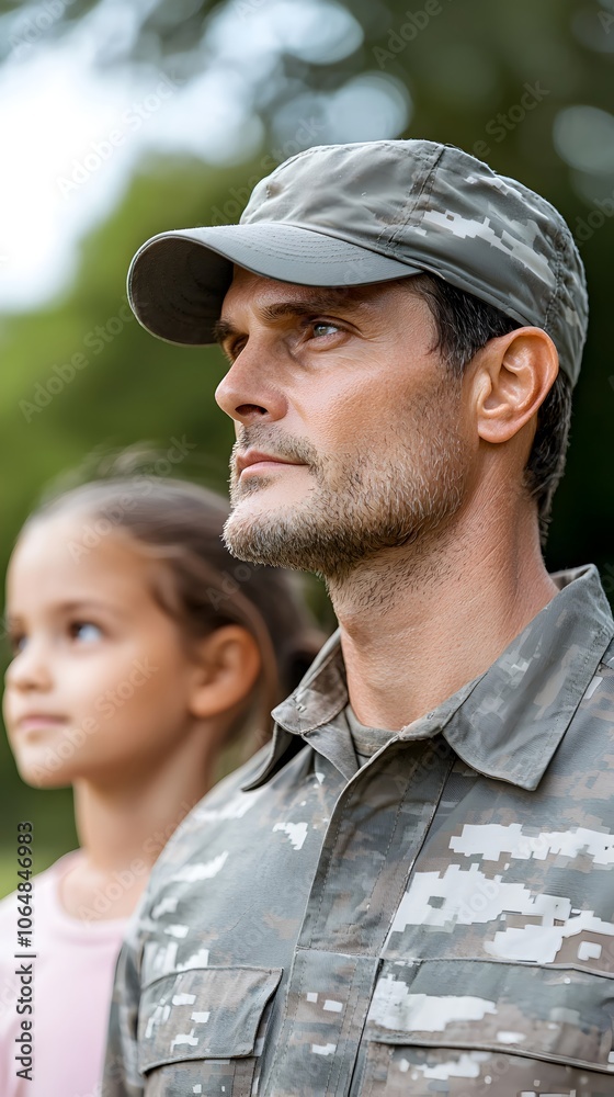 Fototapeta premium Soldier with Child in Outdoor Setting