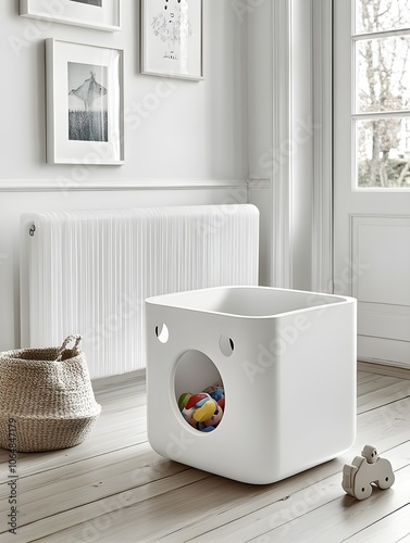 White Play Cube With Toys and Wicker Basket