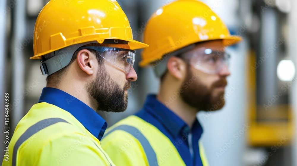 Two engineers wearing hard hats and safety gear inspecting the machinery and equipment at a biofuel processing plant Two engineers wearing hard hats and safety gear inspecting the machinery and equipment at a biofuel processing plant