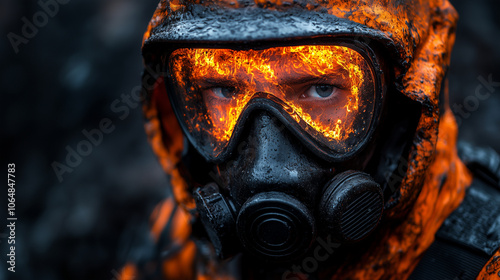 Flames reflecting in the goggles of a brave firefighter battling rampant forest fires caused by slash and burn agriculture or extreme weather events sparked by manmade climate change photo