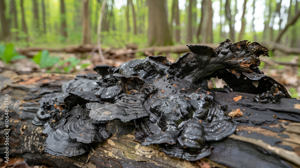 Obraz premium Close-up of black fungus growing intricately on a forest log, showcasing the natural beauty and detailed texture of the fungus in a serene woodland setting.
