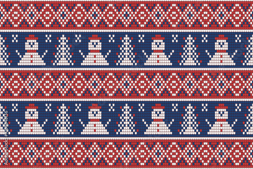 Knitting christmas tree seamless pattern geometric, snowman, ornament. Fabric Seamless pattern.Vector illustration. Ikat ethnic oriental embroidery,Aztec style,baroque.design for texture,clothing