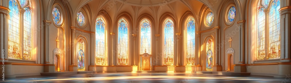 A serene interior of a cathedral with stained glass windows and an altar. A serene interior of a cathedral with stained glass windows and an altar.
