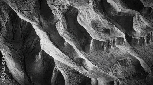 The image is a black and white photo of a rocky landscape with a lot of texture