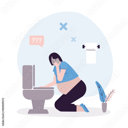 Pregnant woman suffering from nausea, vomit, morning sickness symptoms. Character sitting near toilet. Pregnancy symptoms, stomach ache. Digestive problem, gastritis