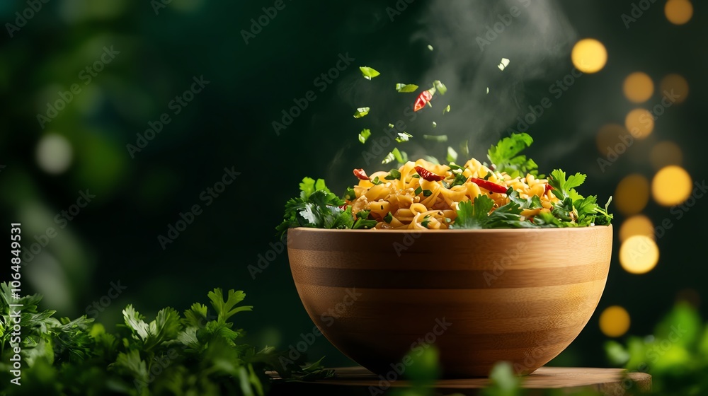 Bowl of Uzbek lagman, handmade noodles in a rich, aromatic broth, garnished with fresh cilantro and chilis, noodle soup, comforting meal Bowl of Uzbek lagman, handmade noodles in a rich, aromatic broth, garnished with fresh cilantro and chilis, noodle soup, comforting meal