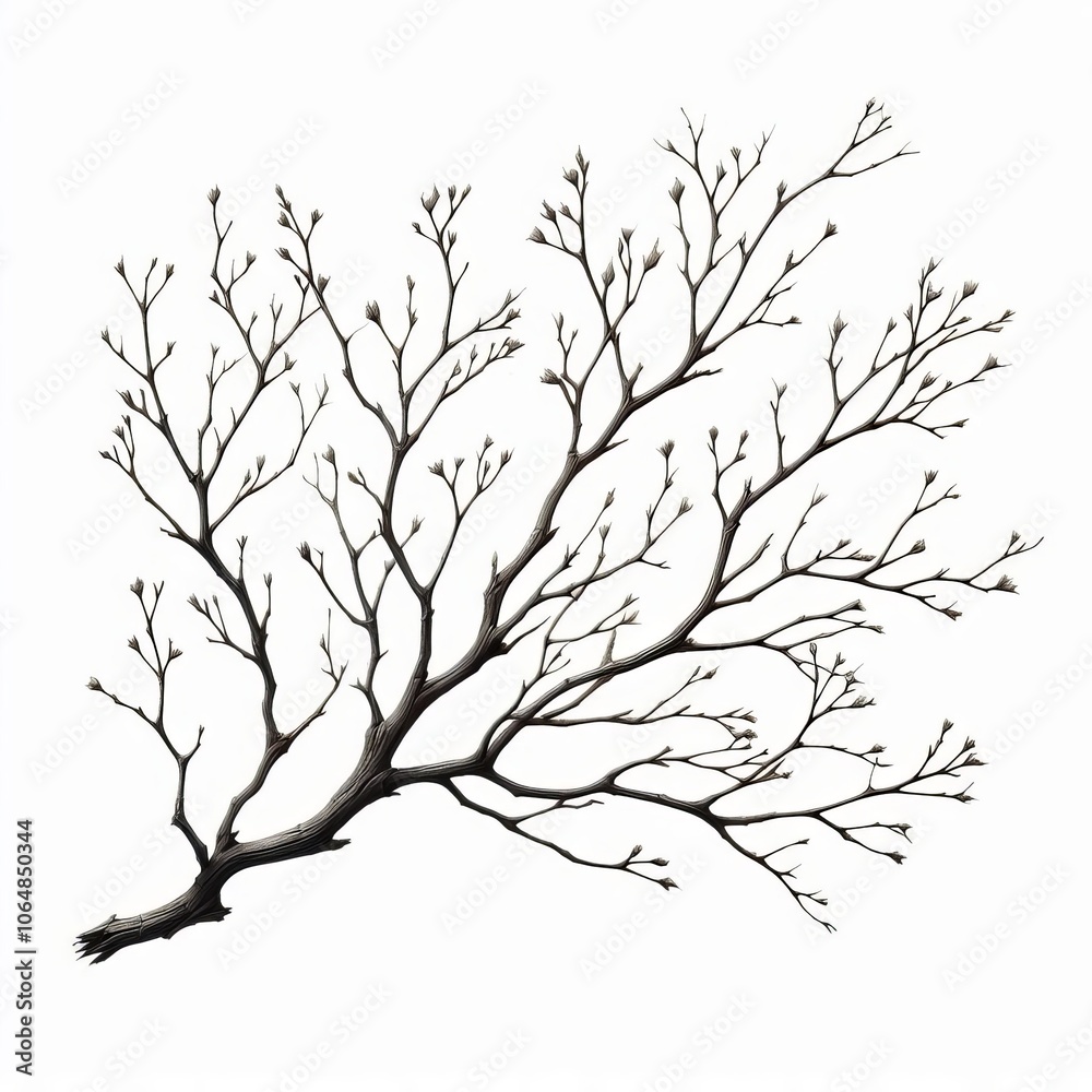 Fototapeta premium A brown leafless tree with branches and trunk on a white background representing a cold winter landscape
