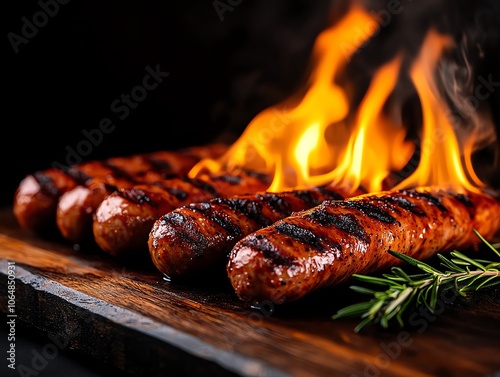 Bushfire smoked kangaroo sausages on a rustic board, bold flavors, Smoked kangaroo sausage, concept indigenousinspired barbecue