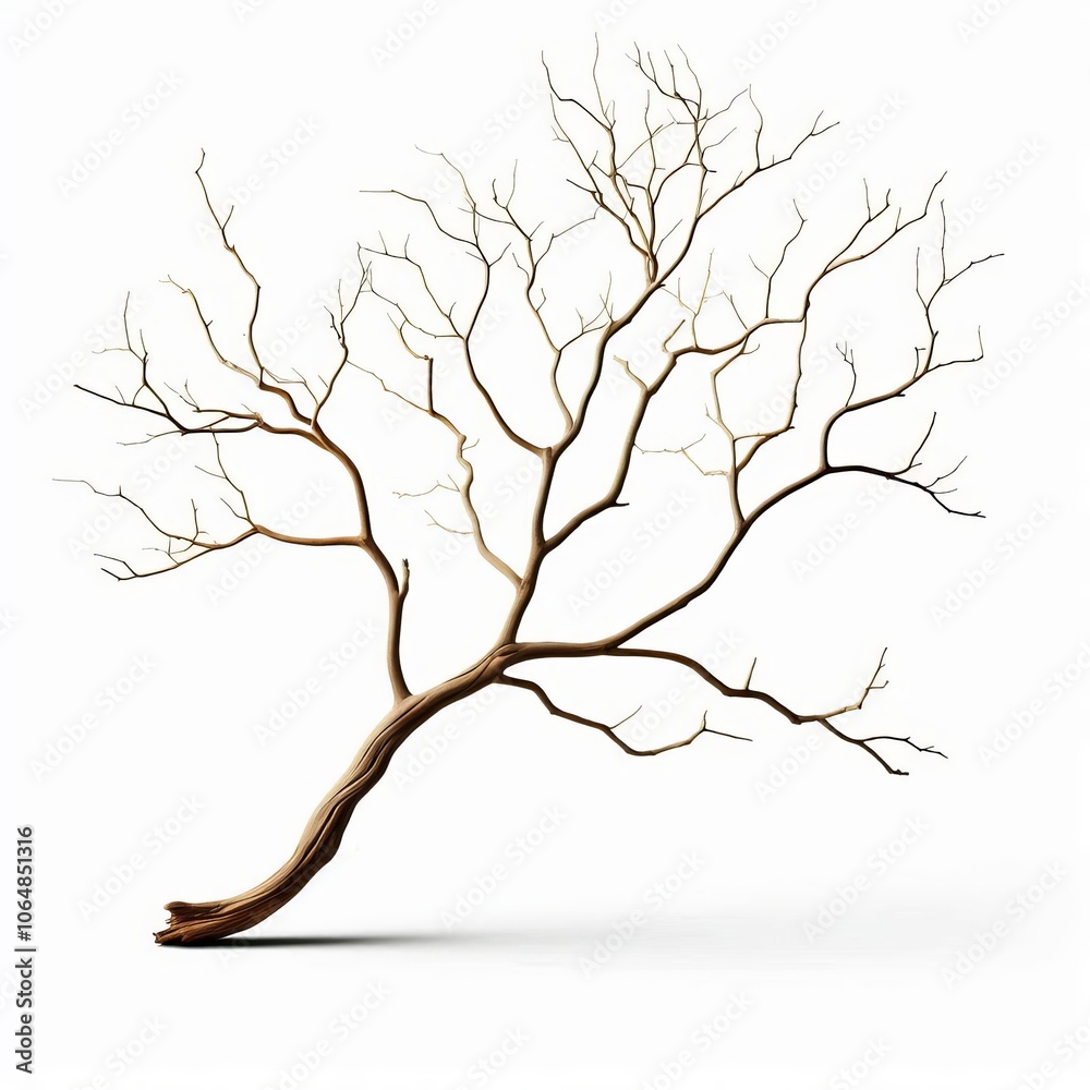 Fototapeta premium A black silhouette of a leafless tree with branches and trunk on a white background representing a cold winter landscape