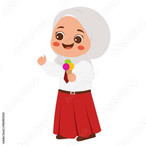 Hijab Girl Elementary Student Holding Ice Cream Illustration