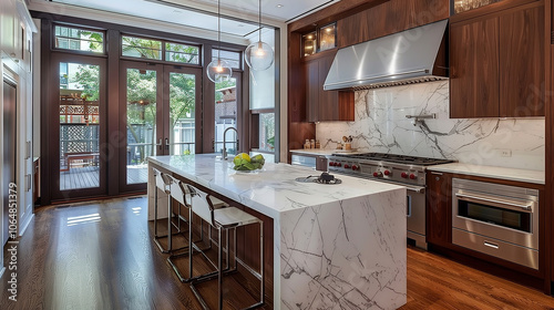 Minimalist kitchen with white marble island, dark wooden cabinetry, and pendant lighting for a modern industrial touch. interior design concept