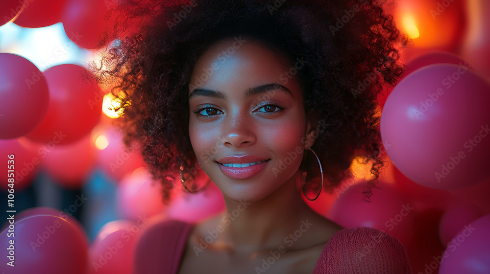 Young woman smiling among pink balloons Young woman smiling among pink balloons