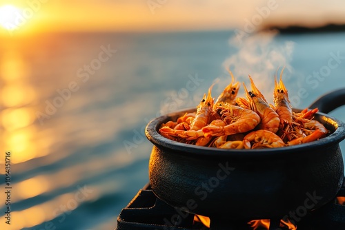 Chilean paila marina seafood stew, served in a rustic clay bowl, with the ocean in the background photo