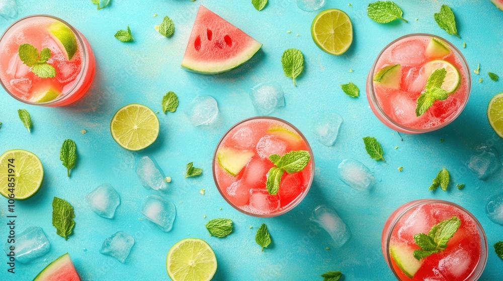 Watermelon and lime drink with mint. Perfect for summer recipes, blogs and drink menus. Watermelon and lime drink with mint. Perfect for summer recipes, blogs and drink menus.