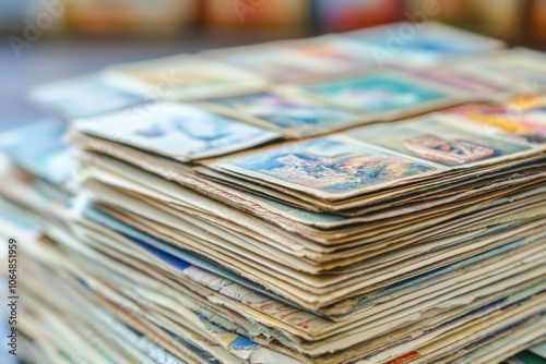 Stack of vintage postcards, shallow depth of field highlighting intricate designs, warm lighting creating a nostalgic atmosphere, memories of travel and history