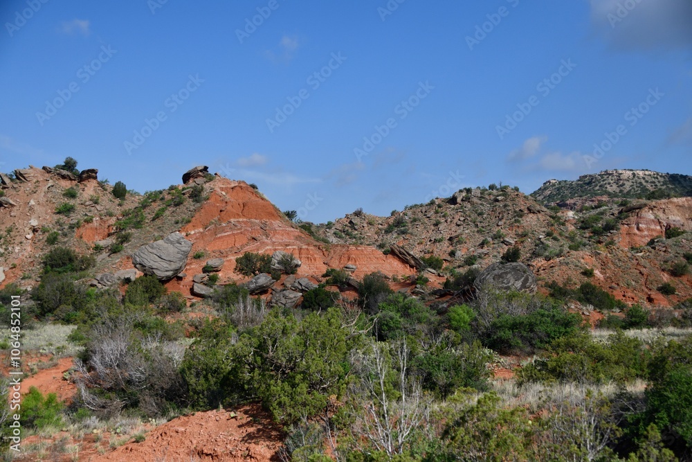 Fototapeta premium Scenic view of Palo Duro Canyon's red rock formations under a blue sky in Texas