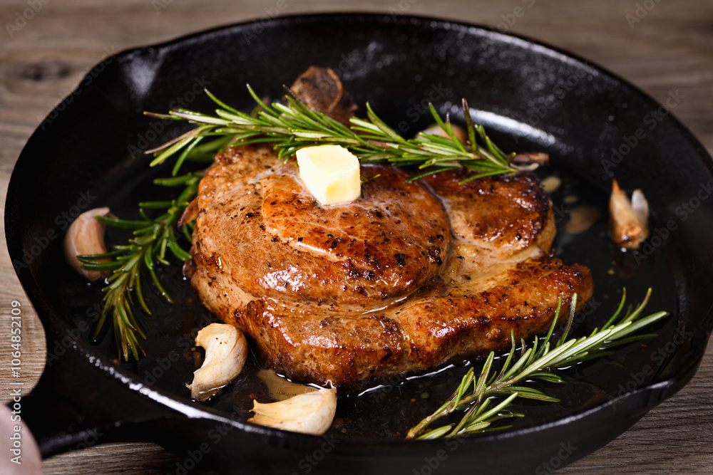 Pork cutlet on the bone in a piece of butter with garlic and rosemary in a frying pan Pork cutlet on the bone in a piece of butter with garlic and rosemary in a frying pan