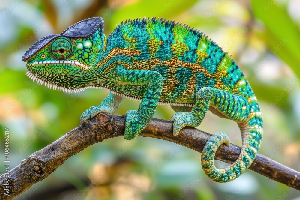 Emerald green chameleon perched on a branch, showcasing vibrant colors and unique patterns, captured in vivid detail against a blurred natural background Emerald green chameleon perched on a branch, showcasing vibrant colors and unique patterns, captured in vivid detail against a blurred natural background