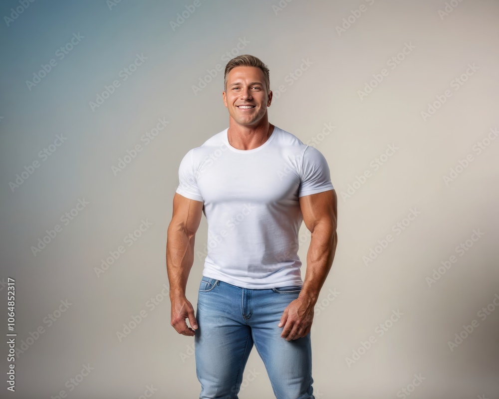 Muscular man wearing white t-shirt and jeans isolated on grey background Muscular man wearing white t-shirt and jeans isolated on grey background