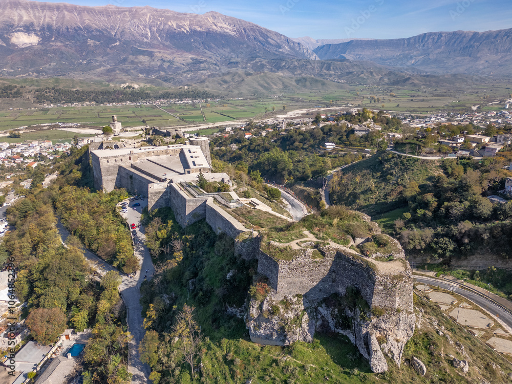 Obraz premium Aerial drone photo of the old castle in Gjirokaster Albania.