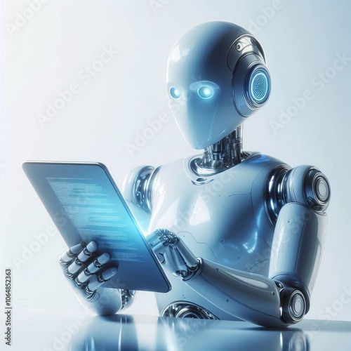 female robot cyborg AI with technology and electronic equipment, 3D rendering of a powerful robotic object in white, featuring electric s, tablet and computer components in a futuristic setting photo