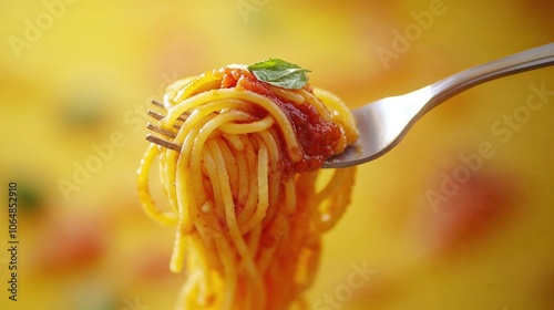 forkful of spaghetti topped with a rich tomato sauce and a fresh basil leaf, against a bright yellow background. The vibrant colors and close-up focus emphasize the deliciousness of the pasta photo