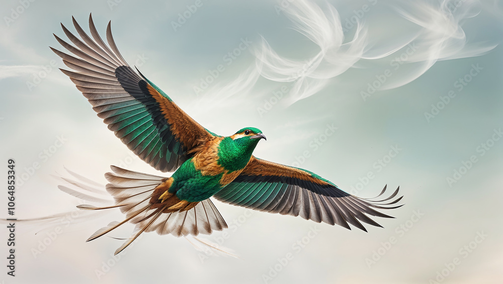 Fototapeta premium Vibrant bird with outstretched wings soaring in a clear sky.