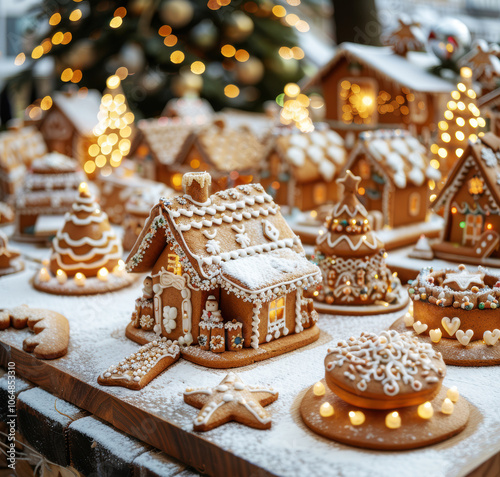gingerbread tree and gingerbread  houses , close-up on the christmas background