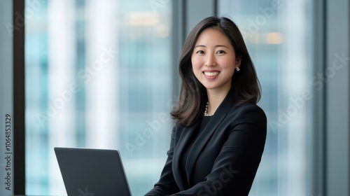 Professional Portrait of Smiling East Asian Female Sales Executive Engaged with Laptop in a Modern Office: Photorealistic 8K with Soft Rim Lighting.