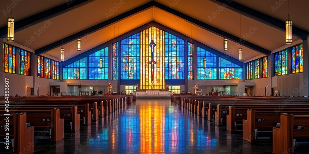 Fototapeta premium A vibrant church interior featuring stained glass windows and wooden pews.