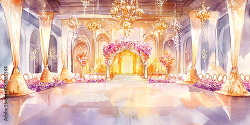Indian wedding ceremony: Luxurious Indian wedding hall, a floral extravaganza, watercolor illustration