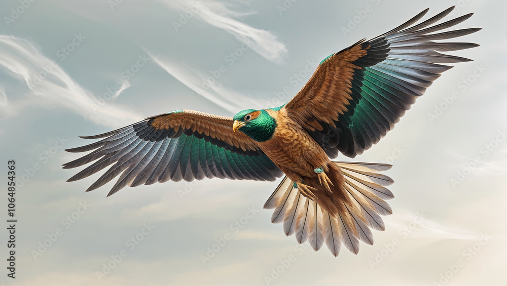 Fototapeta premium Majestic bird gliding gracefully against the blue sky canvas.