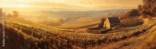 Vibrant Vouvray vineyards under golden hour light with a traditional wine cellar in Centre-Val de Loire photo