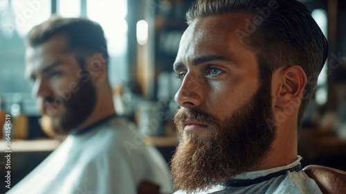 Two bearded men sitting in barber chairs, one in the foreground in focus with a fresh haircut, the other slightly blurred in the background. 