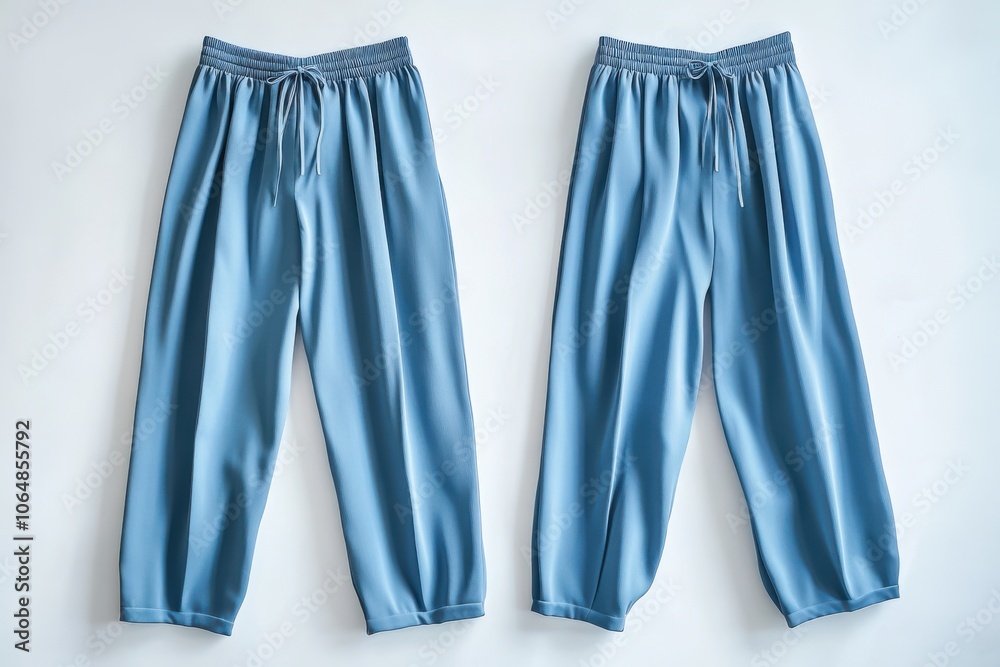 Classic blue pants with drawstring on white background Classic blue pants with drawstring on white background
