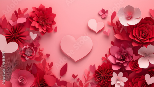 Valentines Day card in paper cut style with paper hearts and flowers with copy space for your message or text. Valentines Day red background