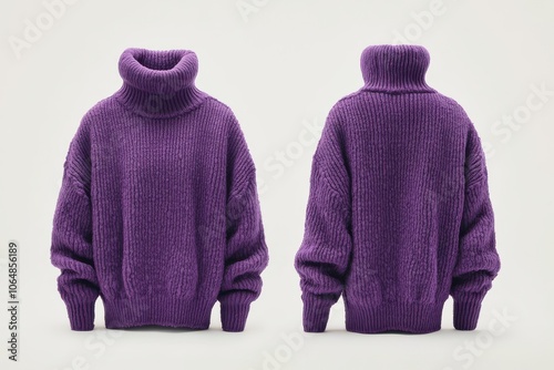 Purple chunky knitted sweater with turtleneck on white background photo