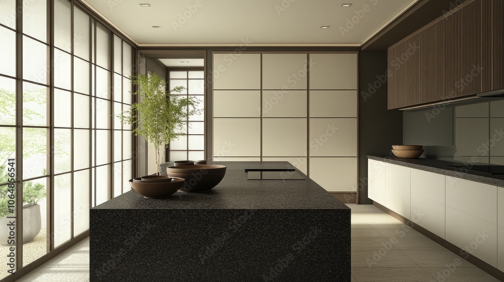 A modern kitchen with a dark granite island and sleek