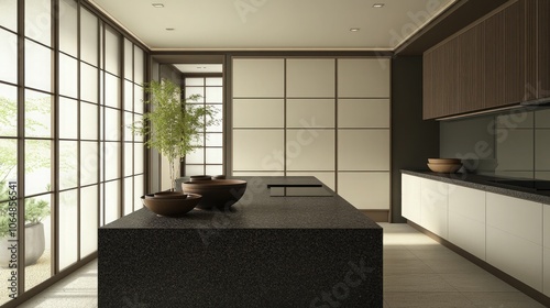 Obraz na płótnie A modern kitchen with a dark granite island and sleek w salonie