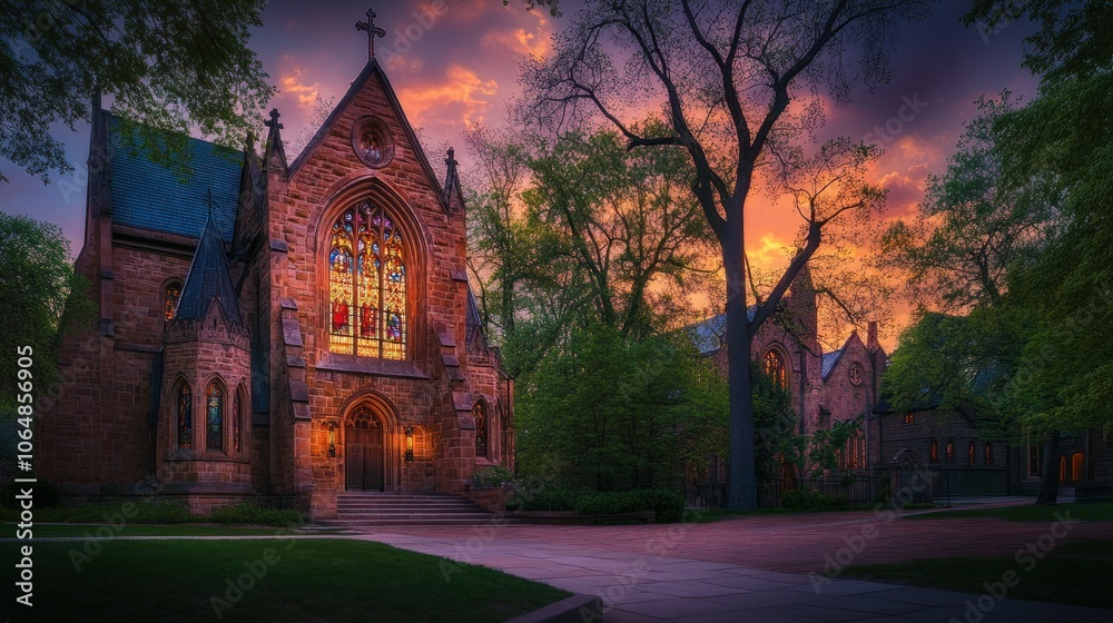 A beautifully lit church at sunset, showcasing intricate architecture and stained glass windows. A beautifully lit church at sunset, showcasing intricate architecture and stained glass windows.