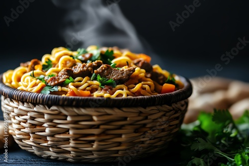 Hearty plate of Kyrgyz laghman with handpulled noodles, vegetables, and spicy lamb sauce, served in a traditional yurt setting, noodle dish, authentic cuisine photo